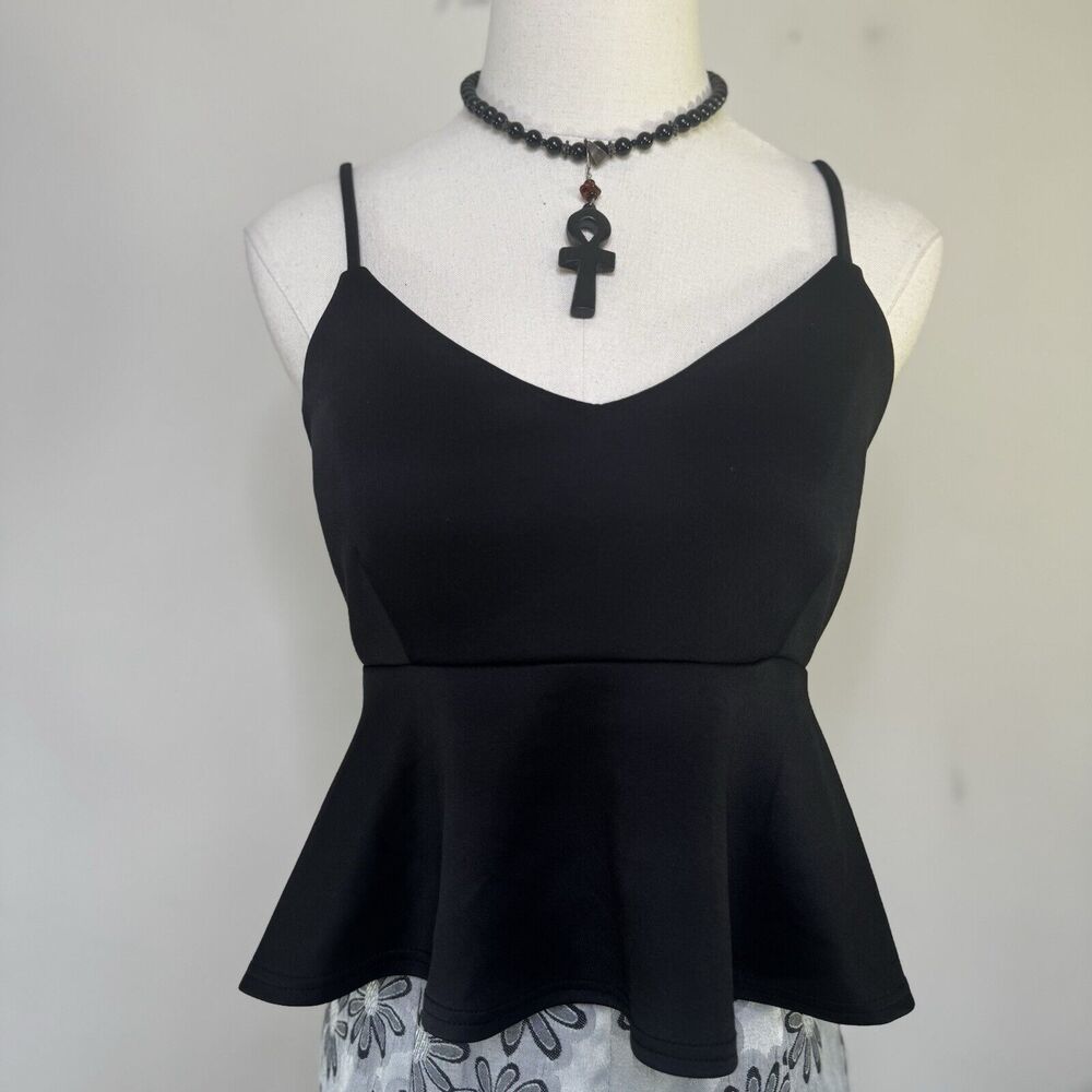 Vtg BEBE 2B Black Peplum Crop Cami Tank Made in USA Fairy Flare Indie Goth Y2K S